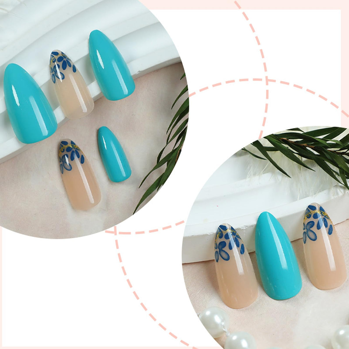 IMSOHOT Press on Nails Medium Almond Fake Nails with Blue Flower Design Glossy Gel False Nails Full Cover Artificial Acrylic Glue Stick on Nails for Women Manicure Kit 24Pcs