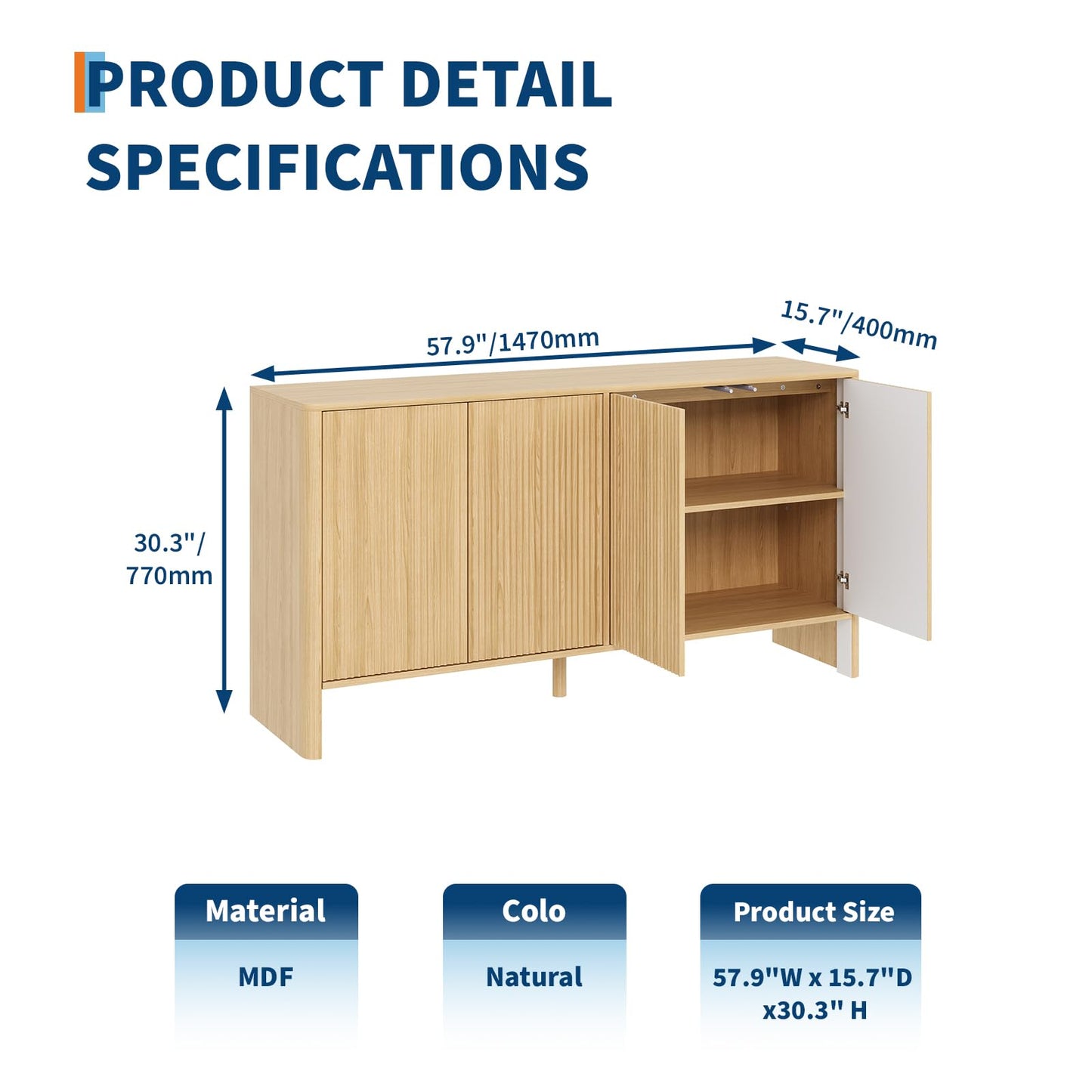 Garvee 58 in Fluted Sideboard Buffet Cabinet, Modern Accent Storage Cabinet with 4 Fluted Doors and Adjustable Shelves, Wood Credenzat Coffee Bar Console Table for Kitchen Dining Living Room- Natural