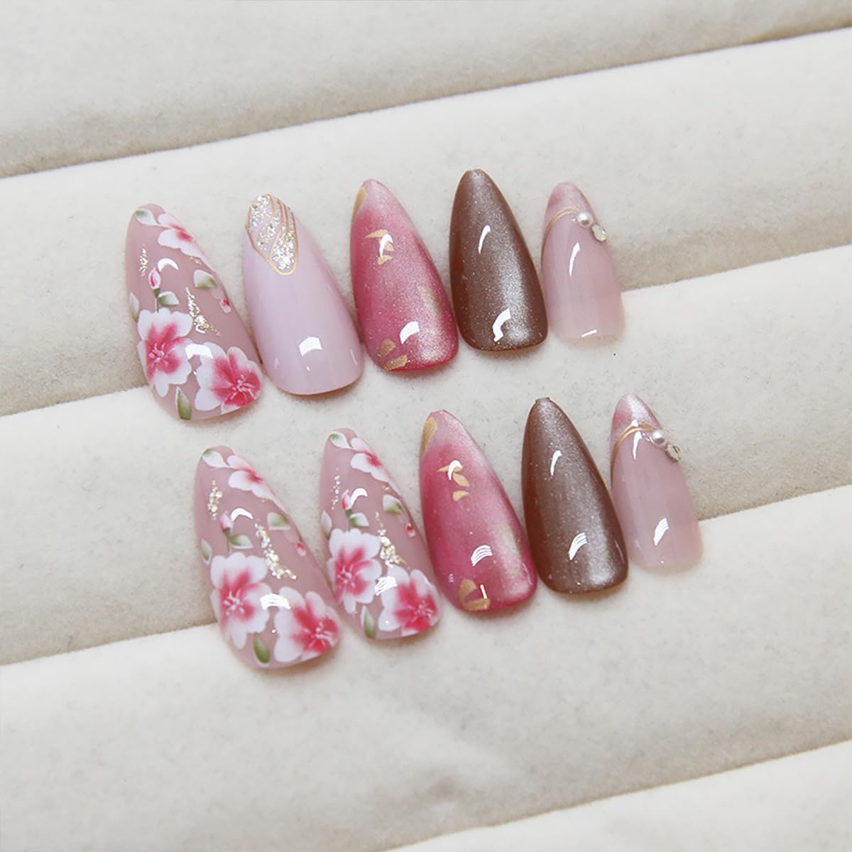 24Pcs Peach Blossom Press on Nails Medium Almond Fake Nails 3D Pearl Rhinestones Design Pink Flower Full Cover Artificial Stick on Nails Spring False Nails for Women Acrylic Manicure Salon Decorations