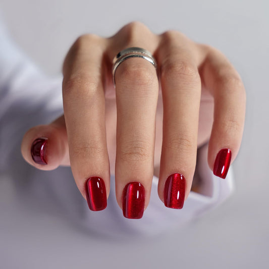 BTArtbox Press On Nails Red - Cat Eye Press On Nails Square for Gifts,Cherry Short Stick On Nails with Glue, Glossy Reusable Nail Tips in 16 Sizes - 32 Soft Gel Fake Nails Kit, Hot Love