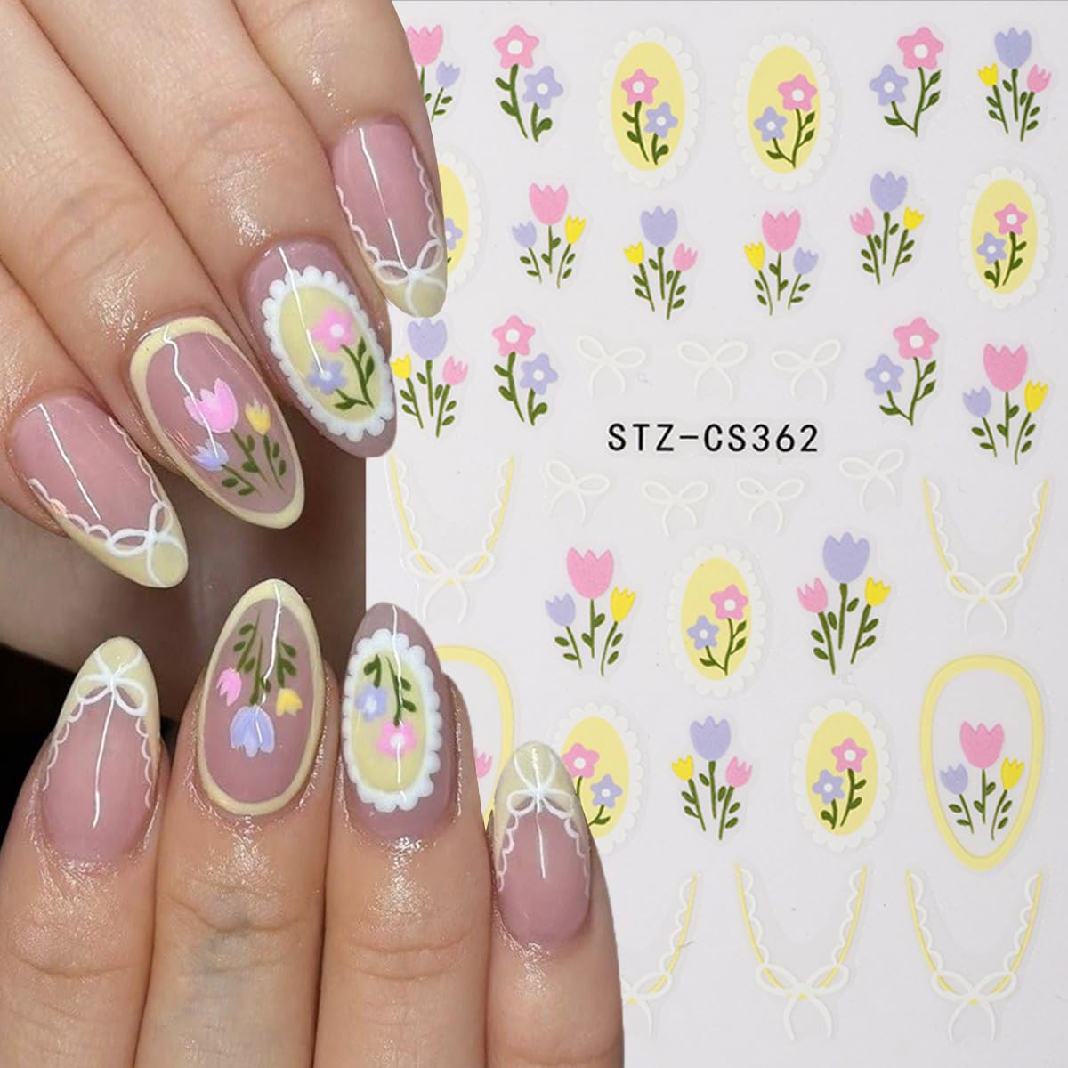 8 Sheets Flower Nail Stickers 3D Self Adhesive Spring Nail Decals Floral Nail Art Stickers with Butterfly Flowers French Lines Design for Women DIY Nail Decor