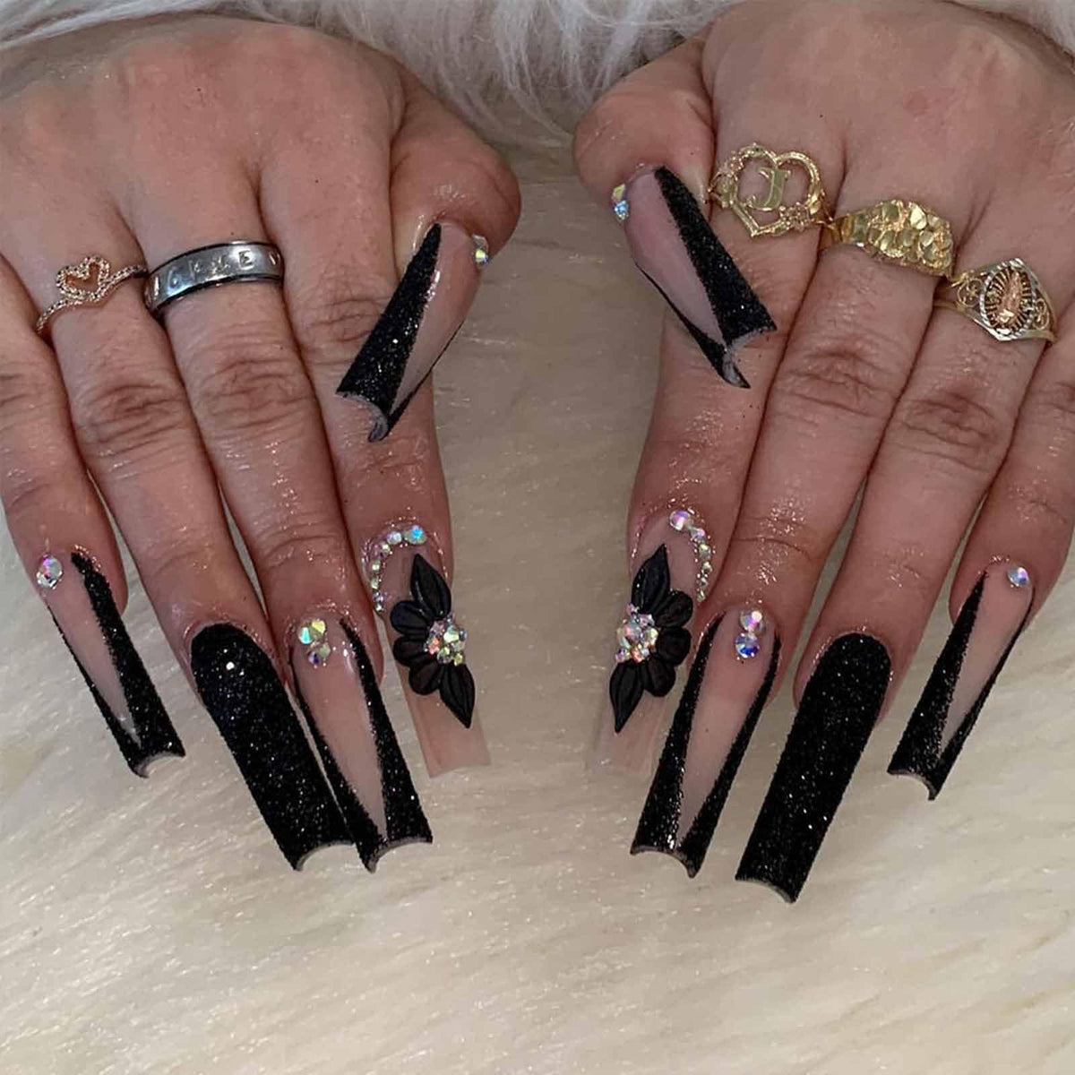 IMSOHOT Press on Nails Long Square Fake Nails Black French False Nail Tips Glossy Acrylic Full Cover Rhinestones Glitter Glue on Nails for Women 24Pcs