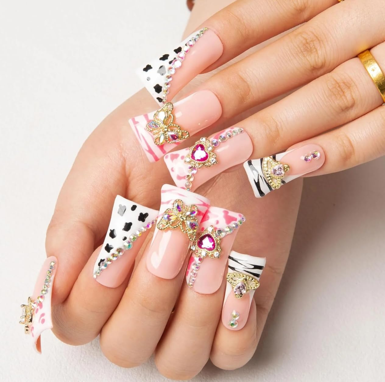 LOVFUL Reusable Press on Nails | Rolling Luxe | Salon Quality Sustainable Style Handmade with Full Covered Crystals | Duck Classic Regular 1.3 in | H144-L
