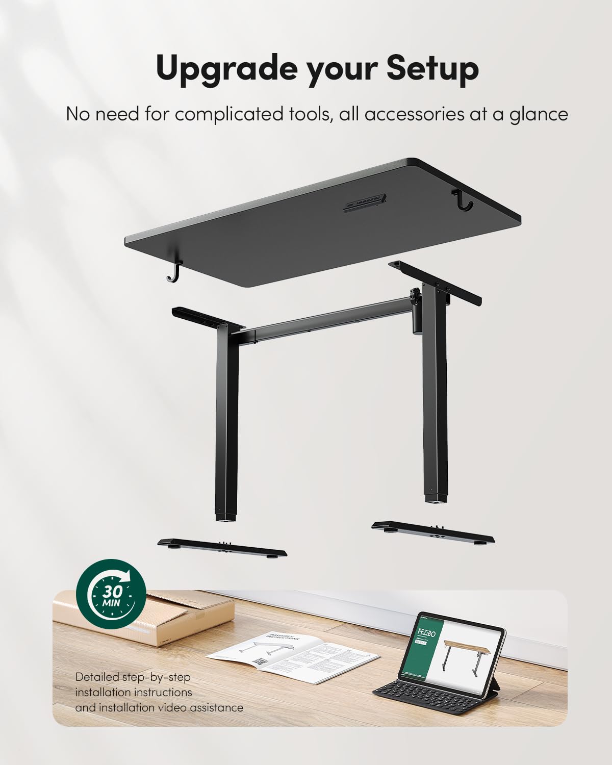 CubiCubi 55 x 24 Large One-Piece Standing Desk, Adjustable Height Electric Computer Home Office Sit Stand up Workstation, with 4 Memory Presets, Headphone Hook, Black