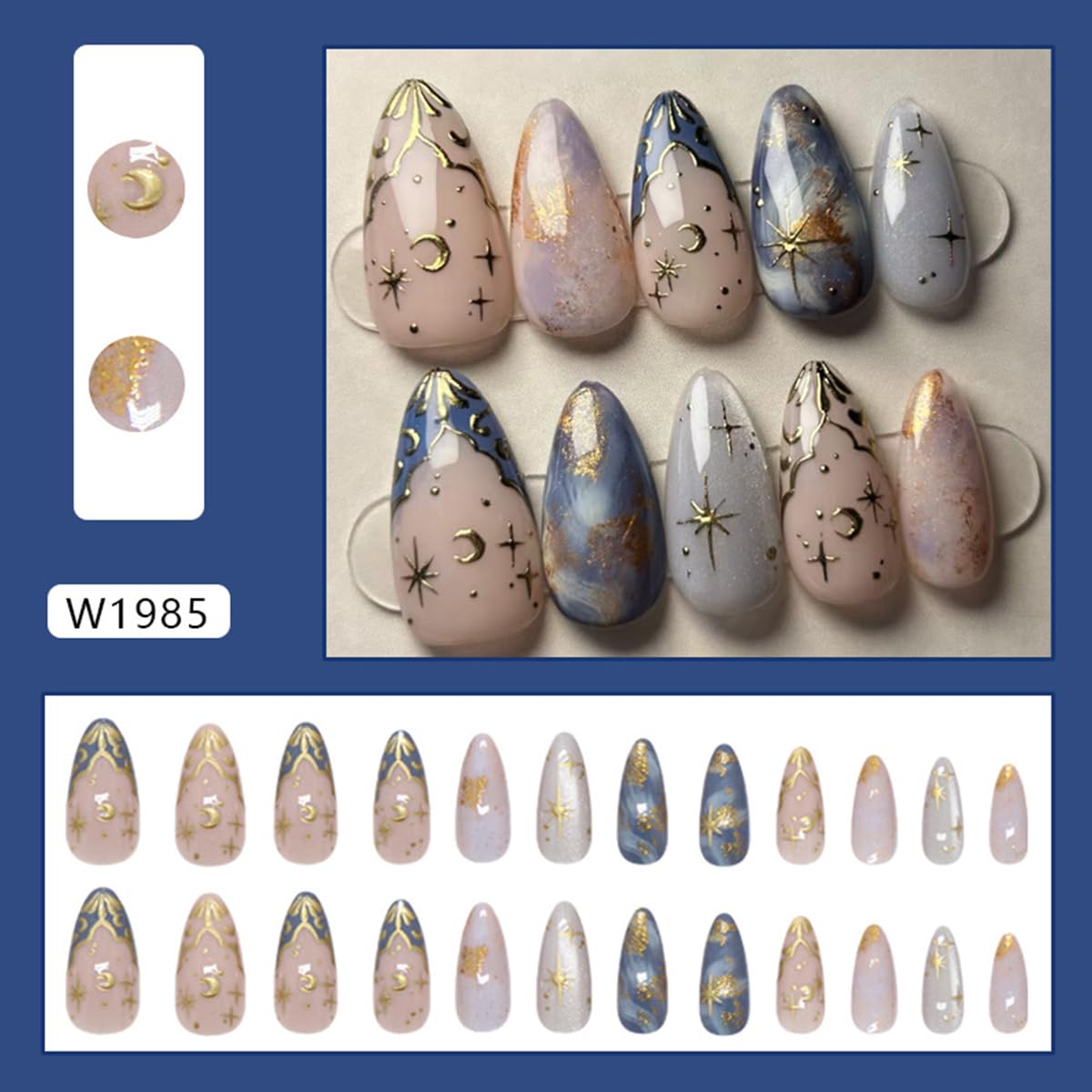 24Pcs Almond Press on Nails Medium Fake Nails with Gold 3D Star Moon Design French Tip Glue on Nail Full Cover Glossy False Nail Reusable Acrylic Artificial Fingernails for Women Manicure Decoration