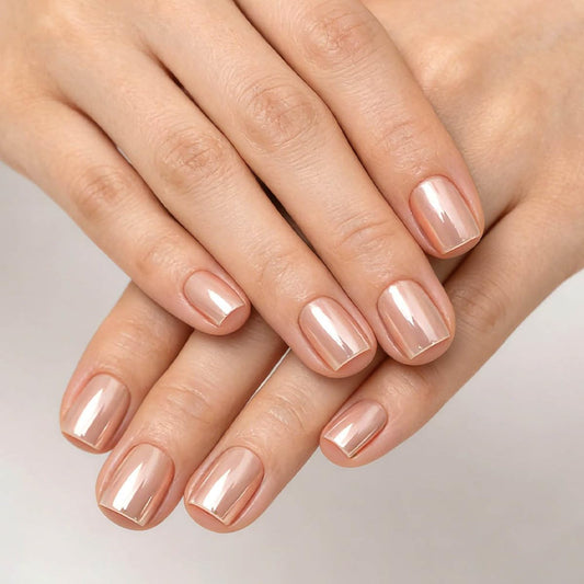 Short Press on Nails Square - Nude Chrome Fake Nails with Design, Reusable Artificial Glue on Nails for Women Manicure 24 Pcs