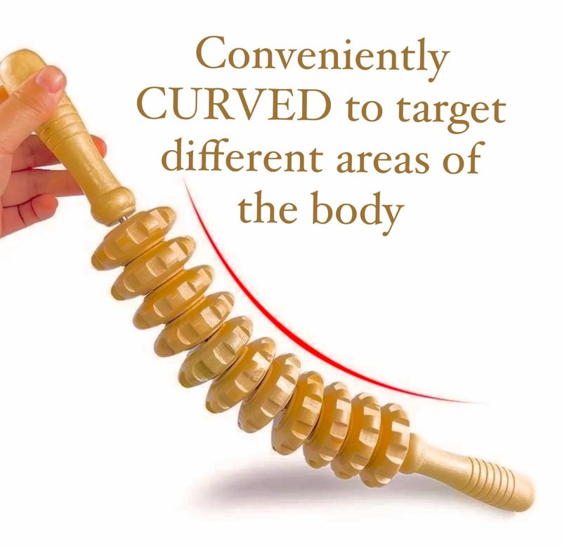 Wood Massage Roller. Curved Design to Target Different Areas of the Body. Relieves Muscle Tension + Improves Circulation + Reduces Signs of Cellulite + Promotes Relaxation.