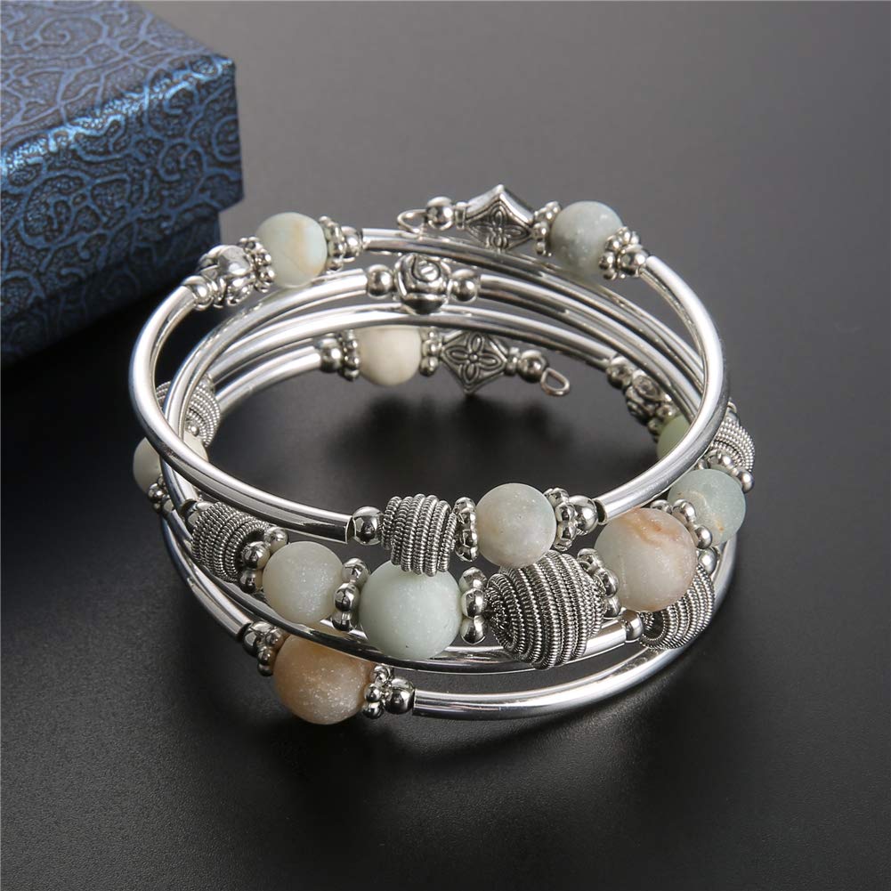 PEARL&CLUB Beaded Chakra Bangle Turquoise Bracelet - Fashion Jewelry Wrap Bracelet with Thick Silver Metal and Mala Beads, Birthday Gifts For Women(Green)