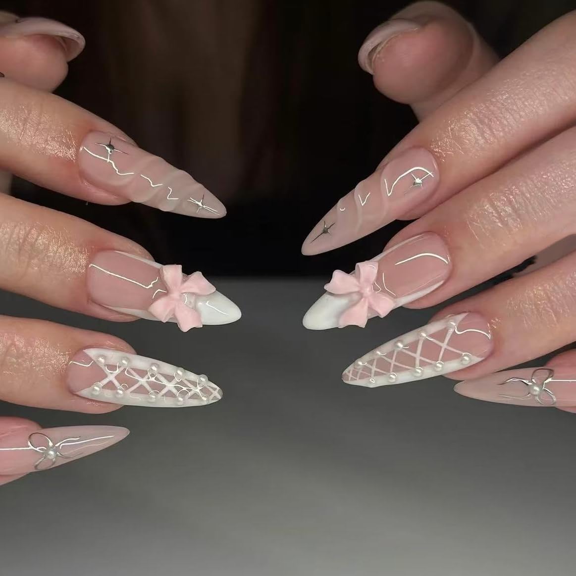 Handmade French Tip Press on Nail Almond Fake ons with Designs Chrome False Nails Long Glossy Full Cover Glue on Nails Stick Women Nails Manicure Decoration 10Pcs (MT-172-L)