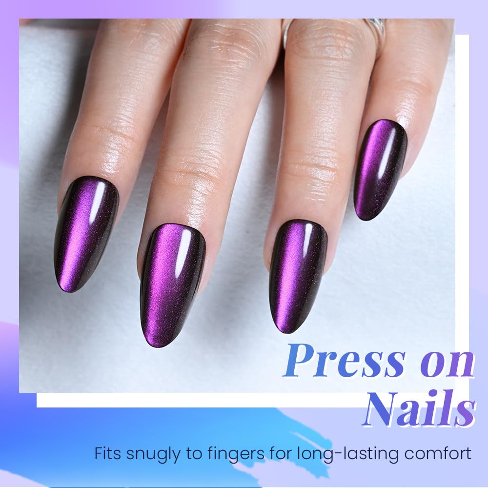 evpct Purple Cat Eye Chrome Press on Nails Almond Medium with Design, Purple Holographic Medium Almond Stick on Fake Nails for Women, Glossy Cat Eye Effect, Perfectly Fit Salon-quality Soft False Nail
