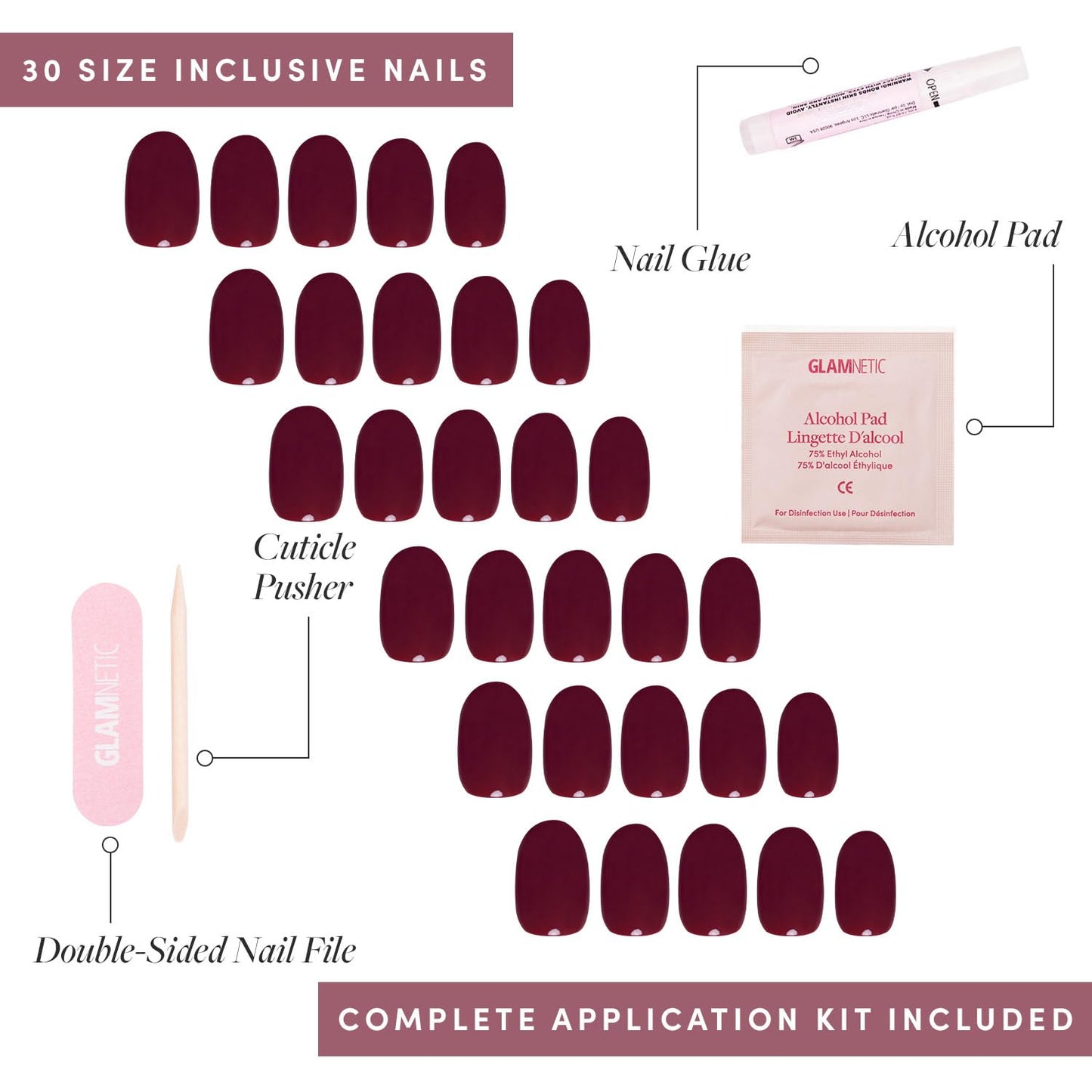 Glamnetic Press-On Nails Bundle - Sanded & Berry Maroon | Short Almond Nude Fake Nails with Raised Gold Shell Accents | Dark Red Short Round Fake Nails | Reusable, Salon-Quality Nail Kits