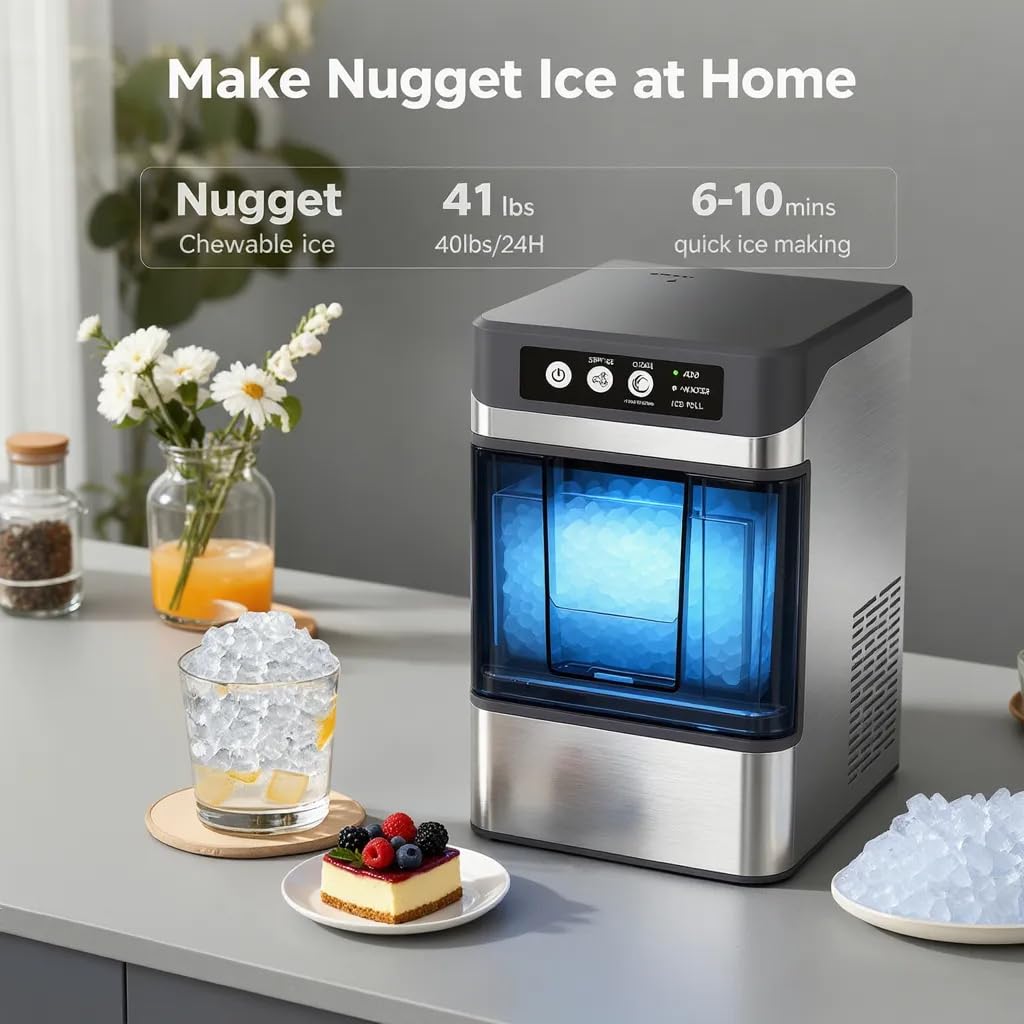 MOMOKOVA Nugget Ice Maker Countertop for Chewable Ice, 41lbs/24H Portable Pellet Ice Machine with One-Click Operation Self-Cleaning for Home, Kitchen, Bar, Office, Party (Silver)