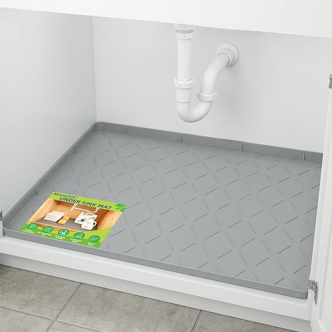 Mateeylife Under Sink Mats for Kitchen Waterproof 34"X22", Undersink Protectorsï¼Silicone Mat Cabinet Liner, Under Sink Organizer for Bathroom and Kitchenï¼Boot Tray Pet Food Mat, Light Grey