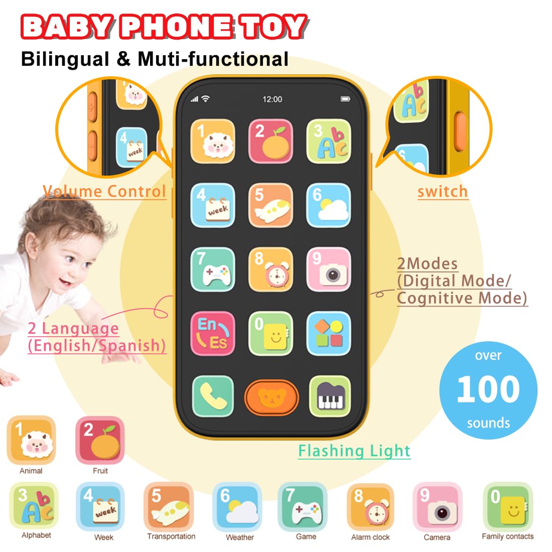 Baby Phone Baby Keys Toys Set, Bilingual Play Phone and Toy Keys for Toddlers 1-3, Musical Early Learning Toys with Sounds Lights for 1 Year Old Boys Girls Infant Age 6+ Months