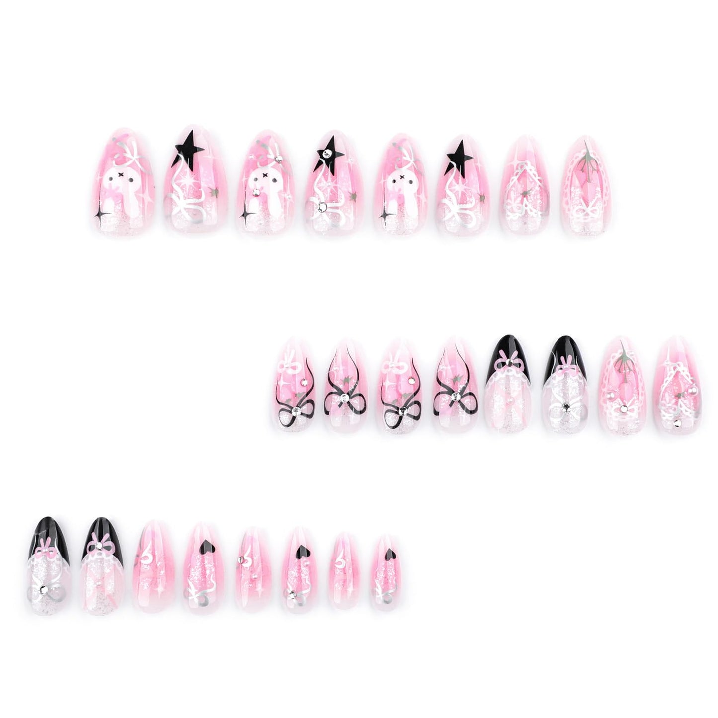 Pink Tulip Flower Press on Nails Short Almond Fake Nails Cute Bow False Nails with 3D Rhinestone Pearl Charms Designs Acrylic Nails Lovely Rabbit Stick on Nails for Women Nails Decor Supplies 24Pcs