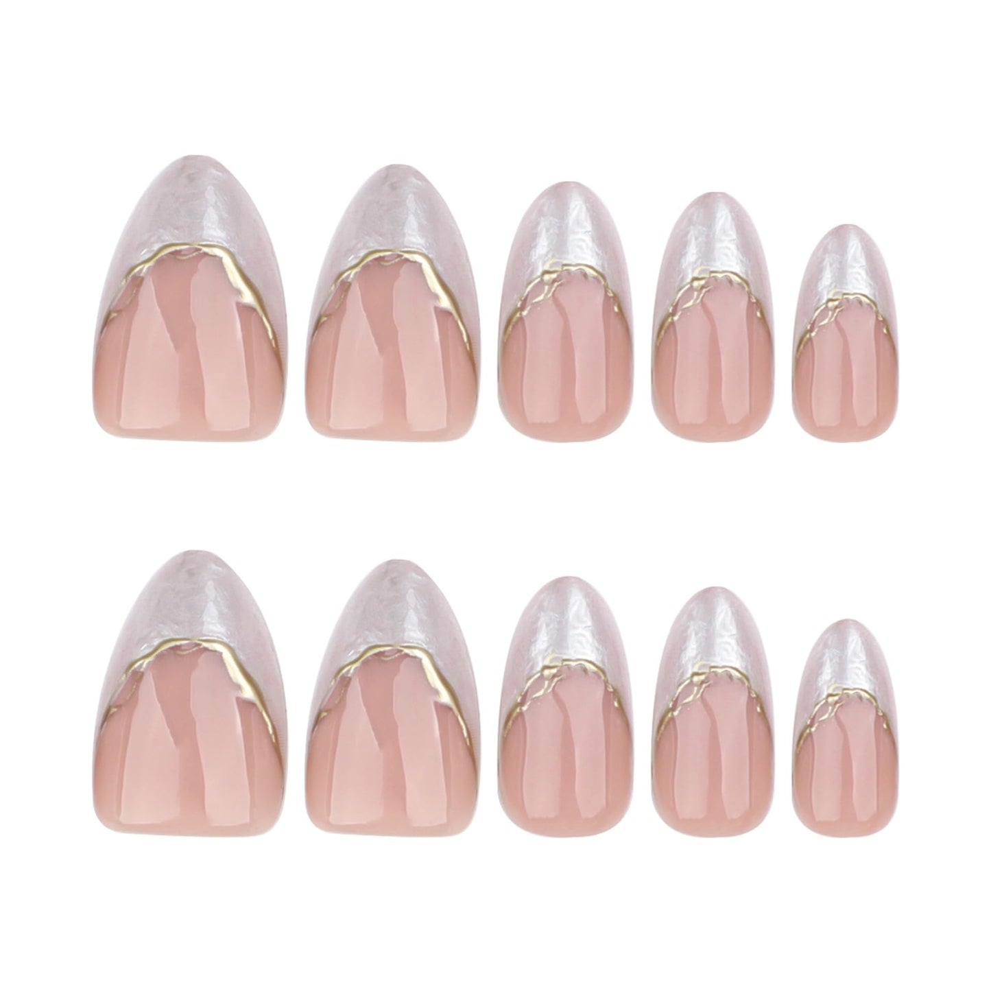 French Tip Press On Nails Short Almond Fake Nails With 3D Gold Lines Design Nude False Nails Glossy Glue On Nails Reusable White French Acrylic Nail Full Cover Nail Tips For Women 24pcs