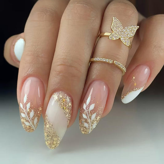 Gold Glitter Press on Nails Medium Almond Pink Fake Nails with Glue White Leaf Stick on Nails Full Cover Glossy False Nails for Women DIY Manicure Decoration 24PCS Reusable Acrylic Nails