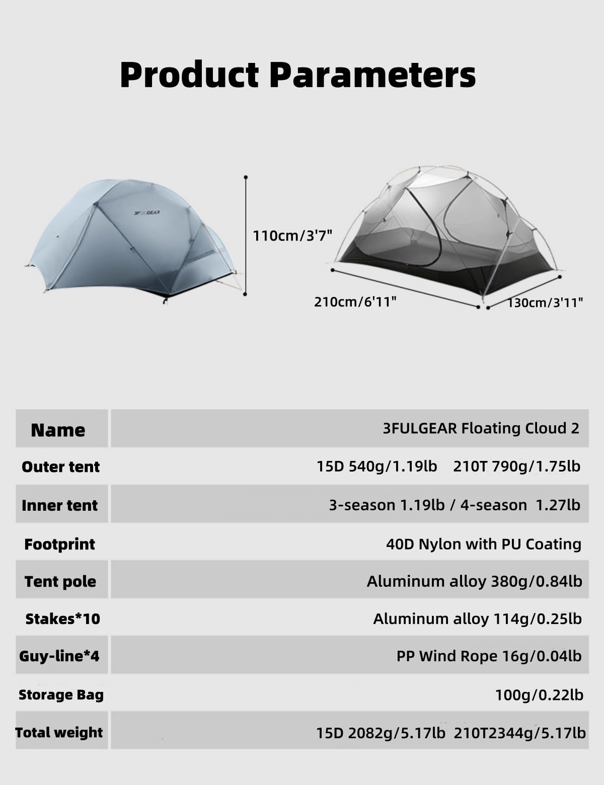 3FULGEAR Backpacking Tent, Floating Cloud 2 Easy Setup 2 Person 3/4 Season Ultralight Tents Waterproof Windproof Double Layer Lightweight Outdoor Tent for Camping, Hiking, Hunting, Survival