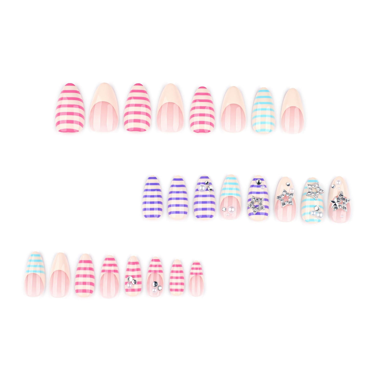 octoswave Press on Nails Long Almond Fake Nails French Artificial Nail Stripes Designs with 3D Stars Stick on Nail for Women 24pcs