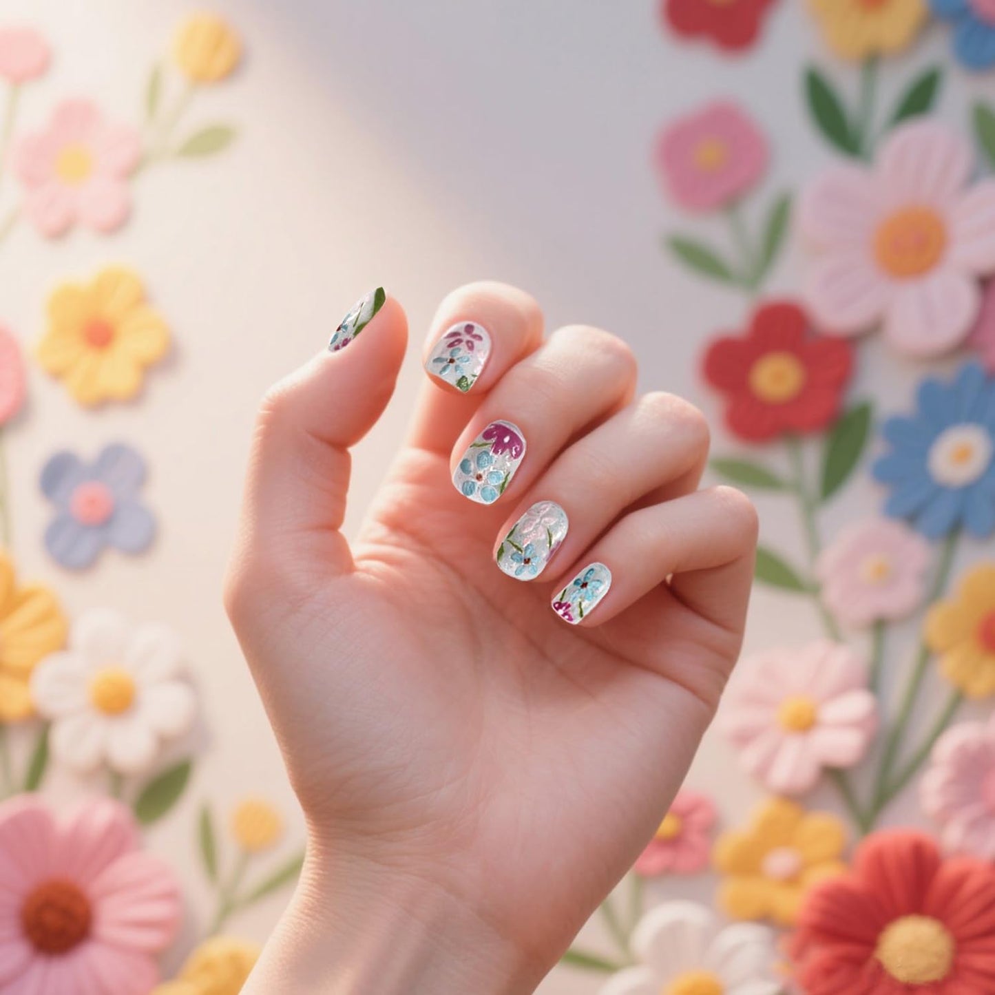 Handmade Press on Nails Short Square Fake Nails Press Ons Luxury Cute Flower Full Cover Stick on Nails Glitter Glue Nails for Women Girls Manicure (Oil Painting S)