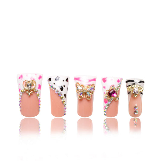 LOVFUL Press on Duck Nails Salon Quality Rolling Luxe Curve | Handmade Acrylic with Full Covered Crystals | Reusable Fake Nails | Duck Classic Regular 1.3 in | H144-L