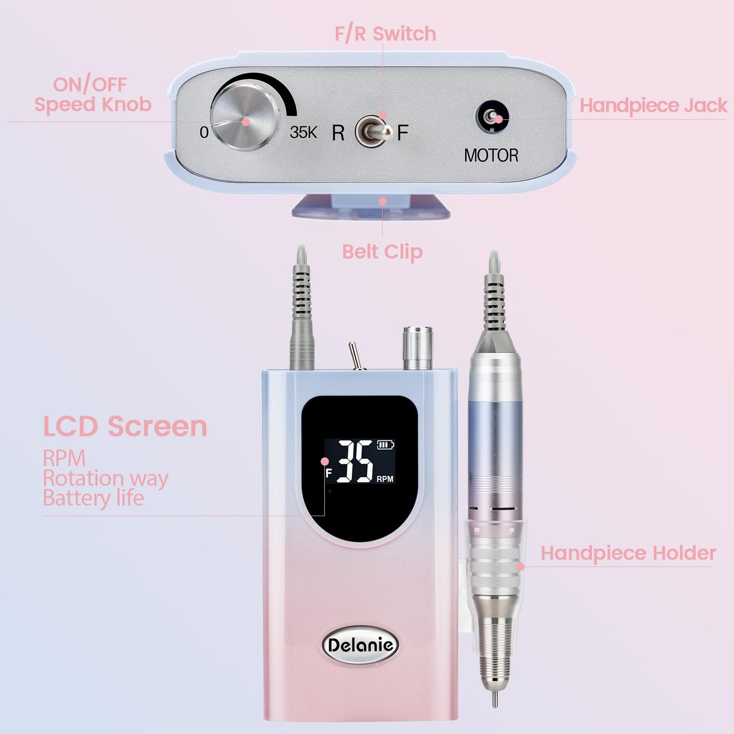 Delanie Professional Nail Drill High Torque 35000 RPM Rechargeable Portable Electric Nail File Filer for Acrylic Gel with Cuticle Bits, Salon Manicure Tool, Gradient Pink