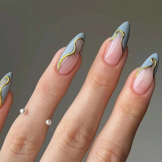 Gifiky Short False Nails Almond Press on Nails French Nails Tips Full Cover Swirl Fake Nails for Women and Girls 24Pcs