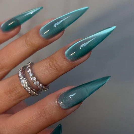 MISUD Press on Nails - Long Stiletto Fake Nails with Summer Green Cat Eye, Acrylic Bling Glitter Teal Design 24 pcs