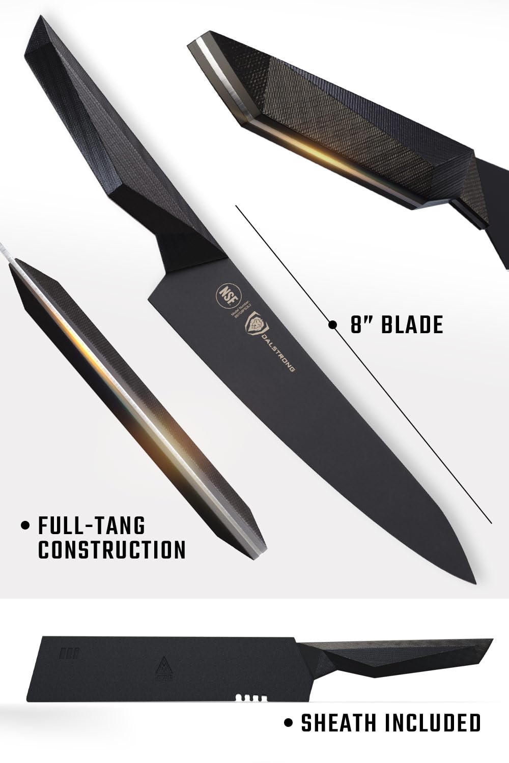 Dalstrong Chef Knife - 8 inch - Shadow Black Series - Black Titanium Nitride Coated - Razor Sharp Kitchen Knife - High Carbon 7CR17MOV-X Vacuum Treated Steel - Sheath - NSF Certified