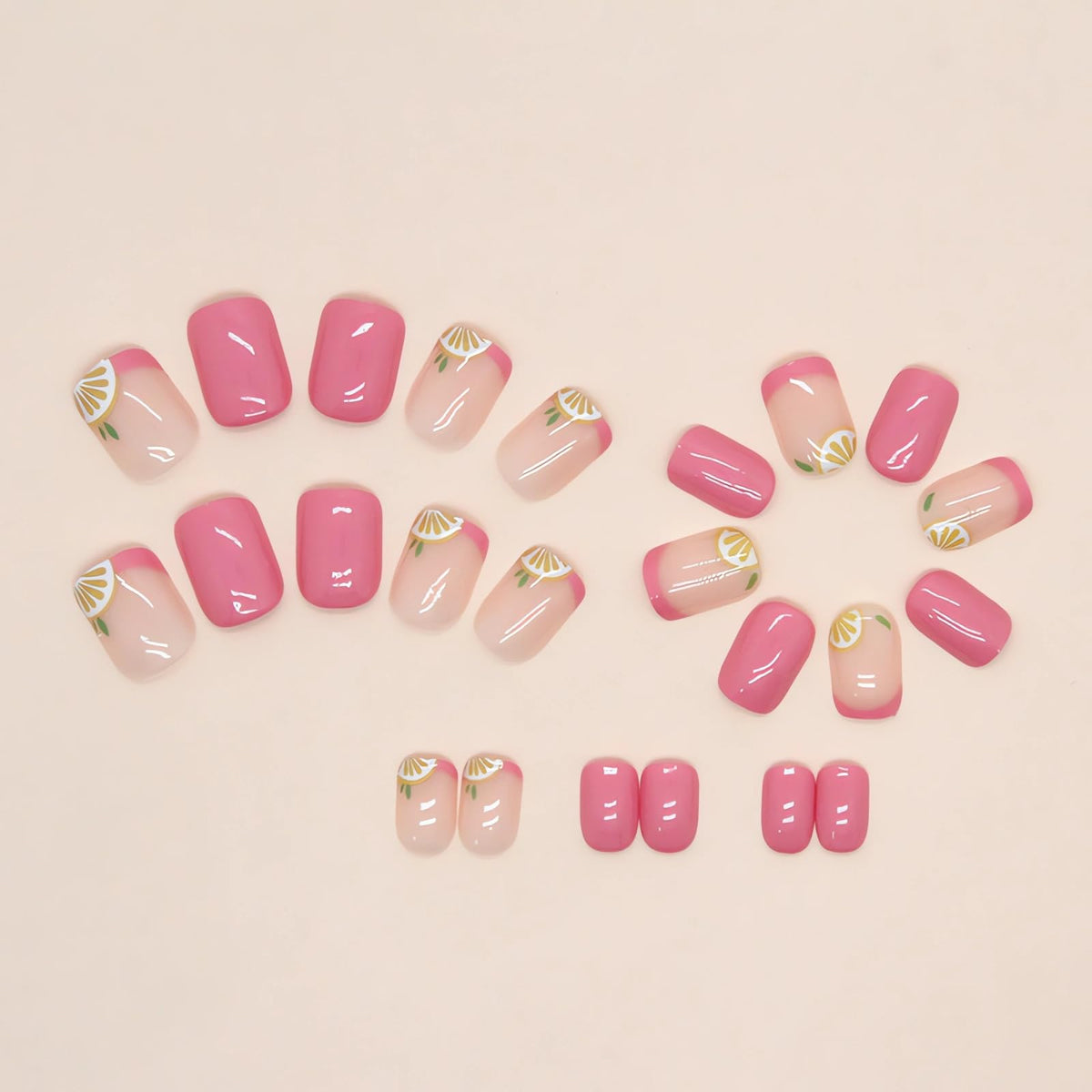 IMSOHOT Short Square Pink French Tip Fake Nails Cute lemon Designs Glossy Glue on 24 Units Summer Fruit Squoval Artificial Nails