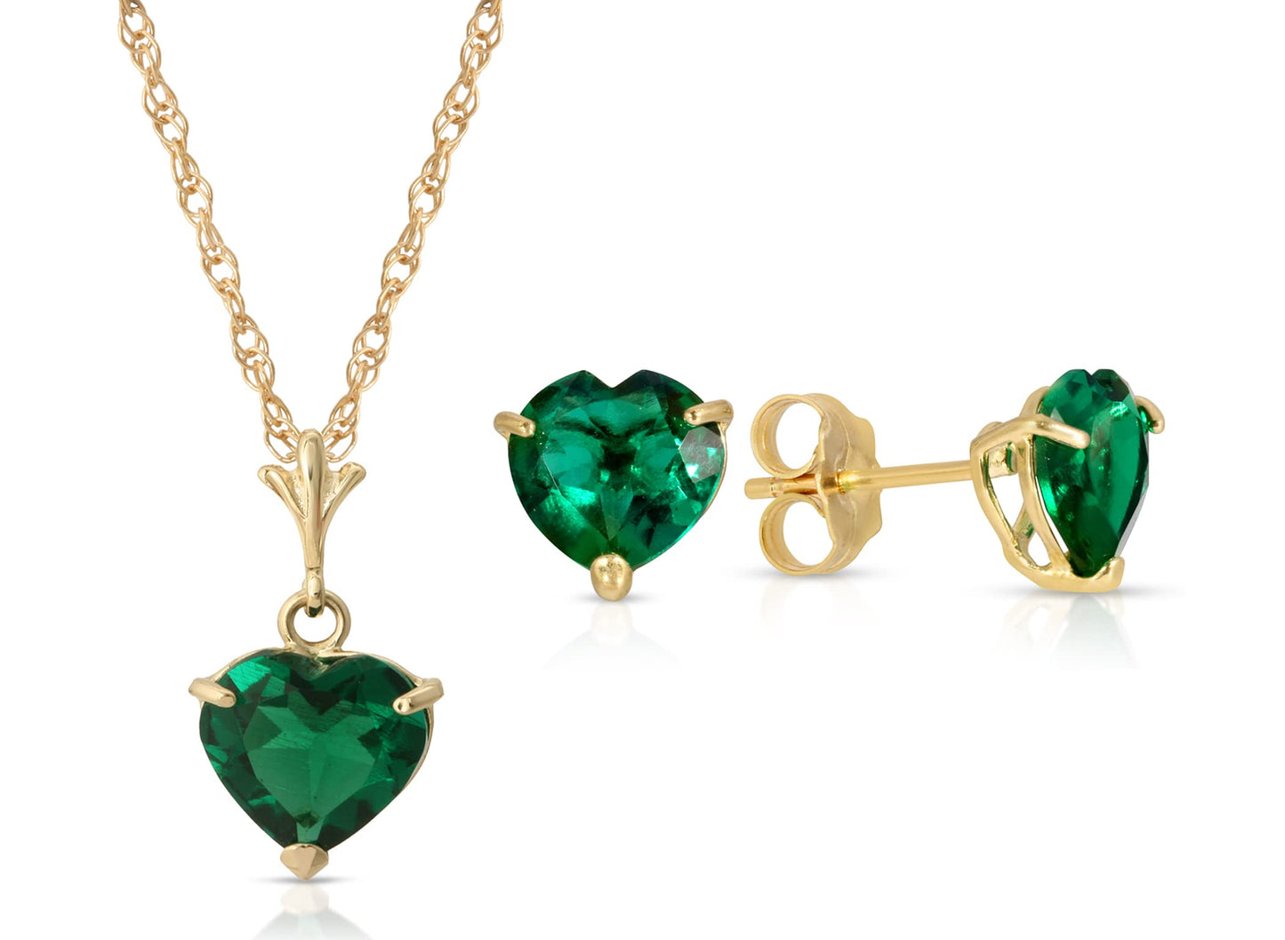 Galaxy Gold GG 14K Solid Yellow Gold Lab Grown Emerald Heart Necklace and Earring Set for Women, 18 Inch Chain, Fine Jewelry