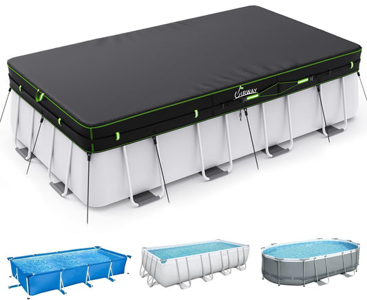 UIRWAY 9x18 FT Rectangular Pool Cover with Reflective Strips, Swimming Pool Cover for Above Ground Pool, Solar Cover Including Rope Tie and Luminous Ground Nails for Rectangular or Oval Pools