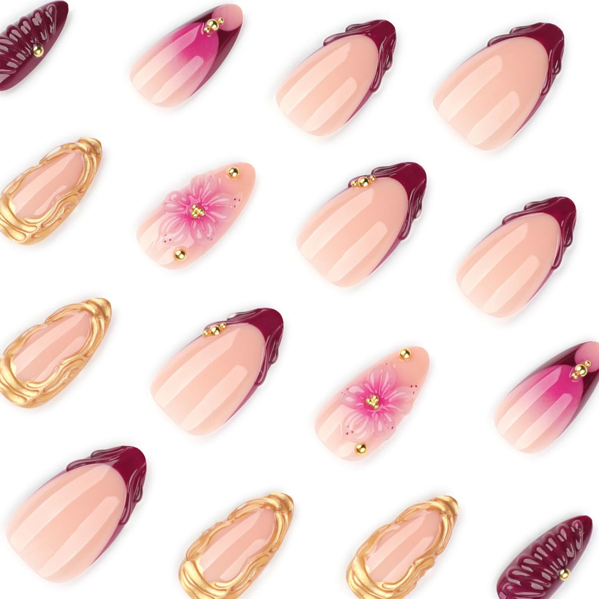 Mivota Soft Gel Press On Nails Almond Floral Design, Burgundy Pink Gold Foil Flower Glue On Fake Nails Glossy Reusable Acrylic Look False Nails for Women 24PCS