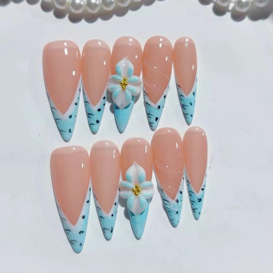 Haozerart Handmade Long Stiletto Press On Nails with Glue Kit, Blue French 3D Floral Fake Nails, Reusable Salon Nails for Women, 10Pcs M Size