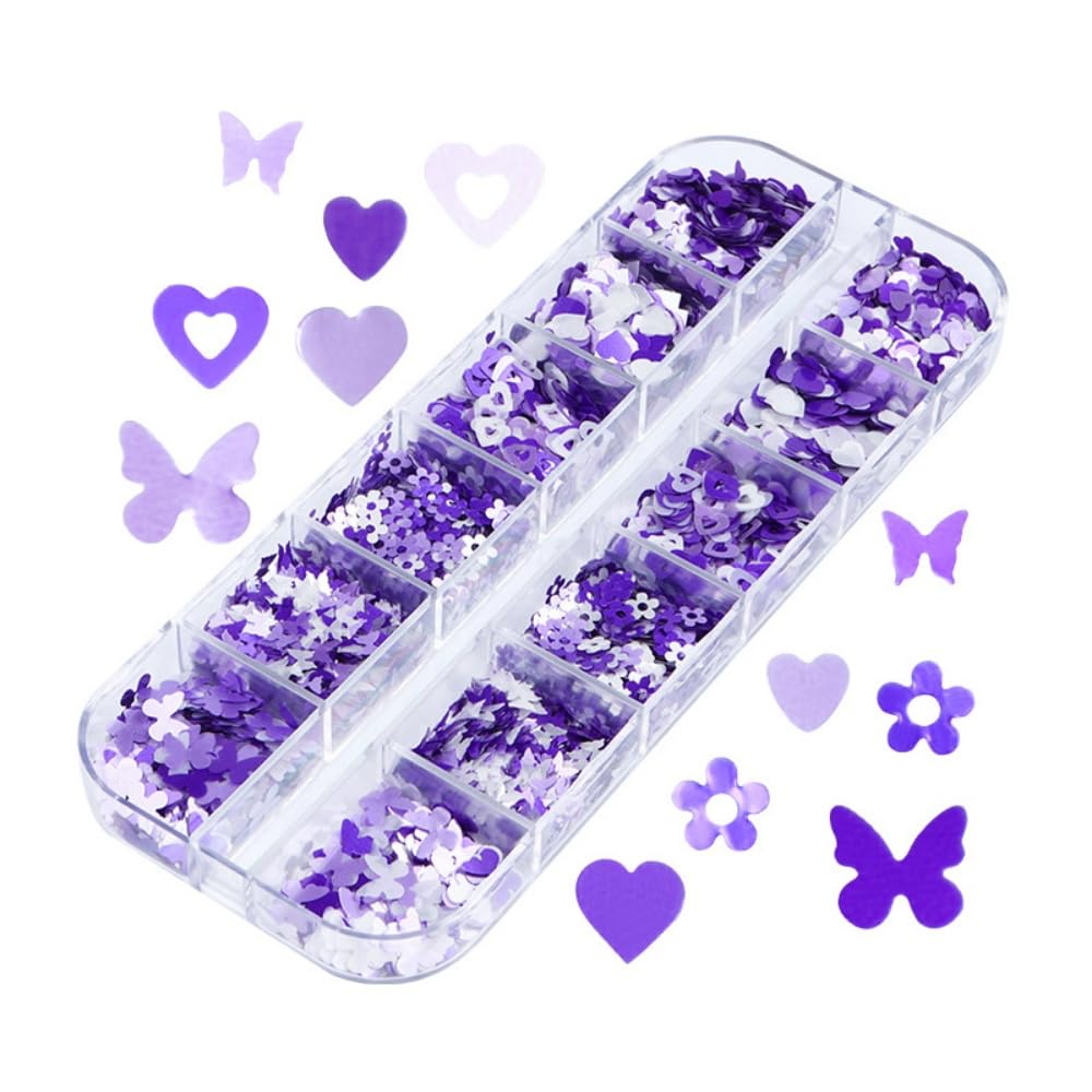 1 Box 2 Color Holographic Hearts Flower Nail Glitter Purple Nail Sequins 3D Butterfly Nail Flakes Sparkly Powder Flakes Shiny Nail Confetti Hollow Chunky Glitter for Nails Art 12 Grids