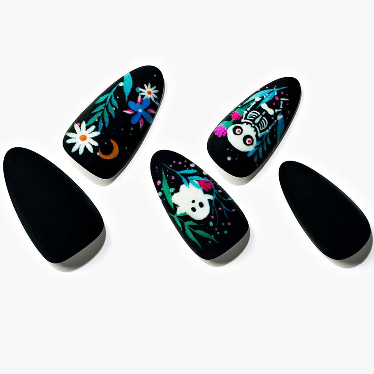 GLAMERMAID Dull Polish Black Press on Nails Medium Almond, Halloween Floral Ghost Gel Glue on Nail, Gothic Short Stiletto Reusable UV Finish Fake Nail, Acrylic Oval False Nails Manicure Kits for Women