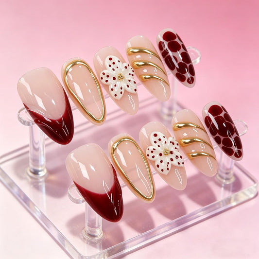 Handmade Press on Nails Almond Summer Nails Reusable 3D Flower Fake Nails French Tip Gold Accent Glue on Nails for Women 10 Count 10 Count M Size