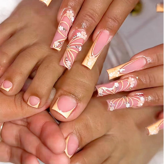 CTTHNBD Long Press on Nails Square & Press on Toenails Set, Butterfly Fake Nails - Yellow French Tip Press on Toenails - for Women 48 Pcs