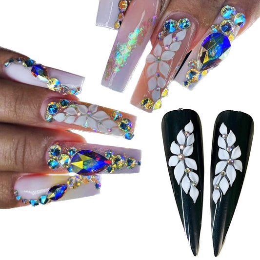 Handmade 12Pcs -3D -Acrylic White Apricot -Flowers -for -Nails Long Size L, XL, XXL, Flower Nail Charms Rhinestones, Floral Gems Kit Accents for Crafts and Designs -HaFloNa
