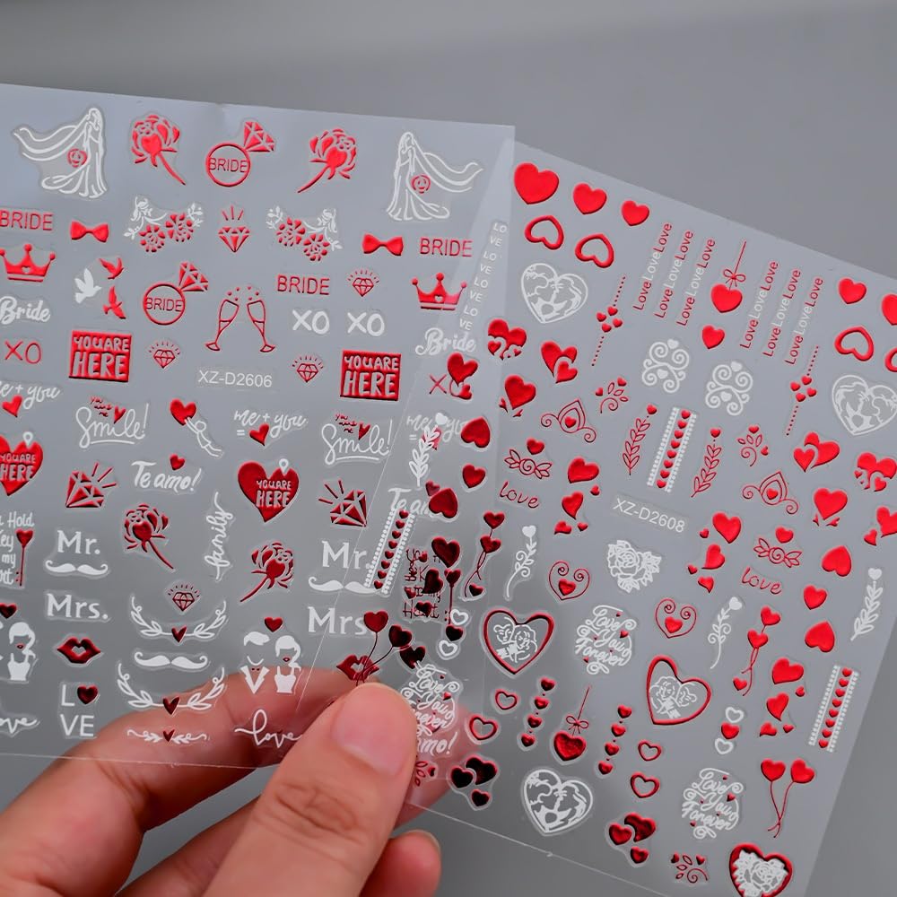 12 Sheets Valentine’s Nail Art Stickers - 3D Self-Adhesive Red Diamond Lip Print Flowers Designs for Women, Easy DIY Acrylic Nails Decoration, Party & Daily Fashion Accessories