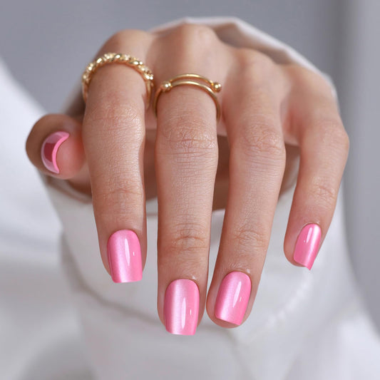 Pastel Baby Pink Press on Nails Short - SHANGMENG Soft Gel Valentines Cat Eye Press on Nails Square for Women Gift, Glossy Glue on Nails in 16 Sizes - 32 Reusable Fake Nails Kit with Glue, Sweet Kiss