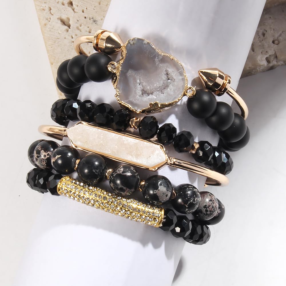 Yomisa 6PCS Natural Boho Beaded Bracelets Bangle for Women,Healing Turquoise Tiger eyes Agate Crystal Gemstone Stone Diamond Chakra Multi Wrap Bohemian Handmade Jewelry Beads Stretch Bracelet Set