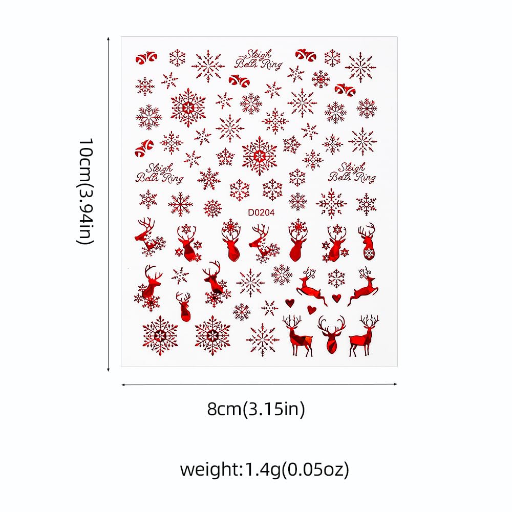 12PCS Christmas Nail Stickers Gold & Red Holographic Nail Art Stickers Festive Reindeer Snowflake Self Adhesive Nail Decals Santa Nail Art Supplies for Women Girls DIY Manicure Nail Art Decorations