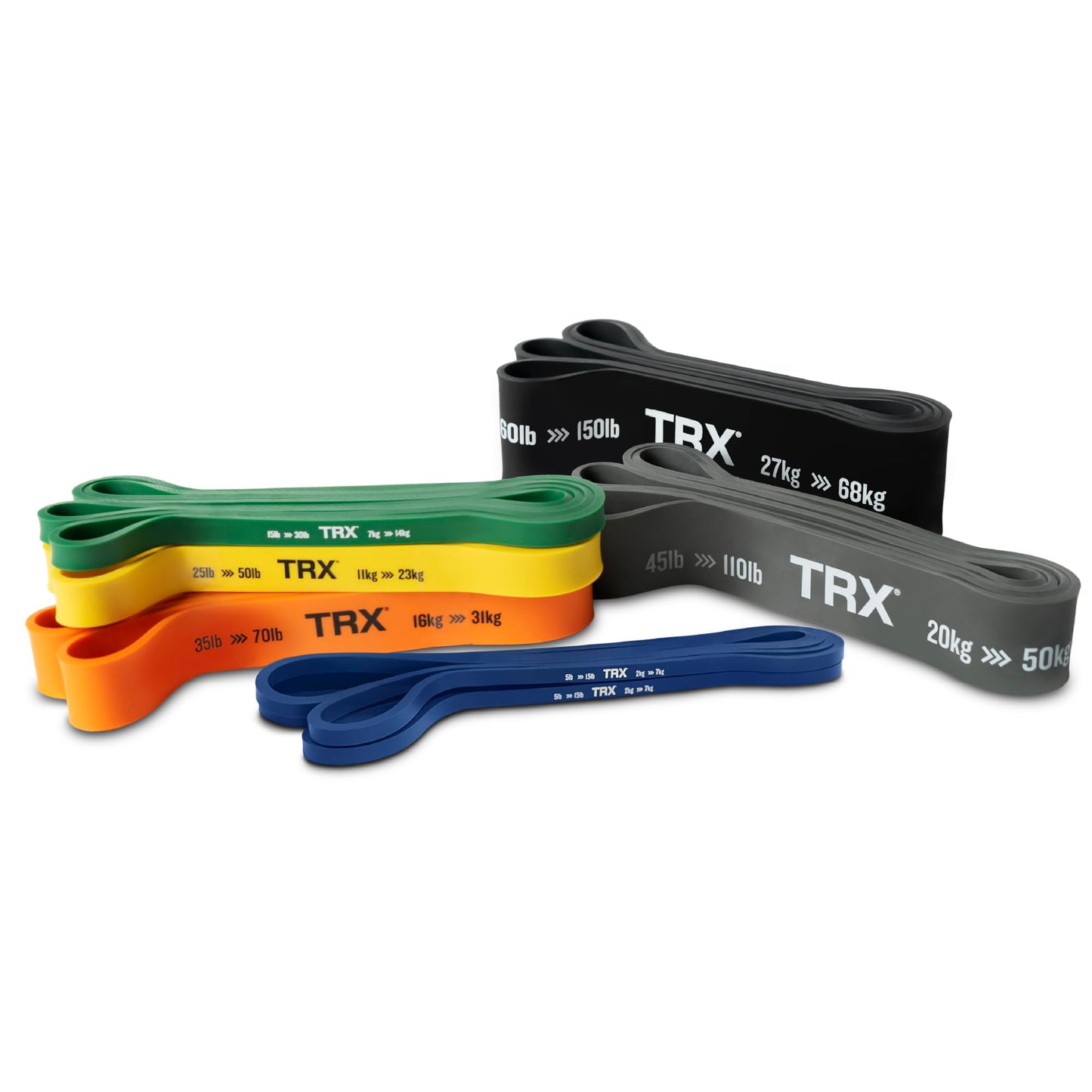 TRX Training Strength Band Set for Working Out, Full-Body Resistance Bands for Home and Gym Use, 79.5-Inch Circumference, 5 – 150 Pounds, Pack of 6