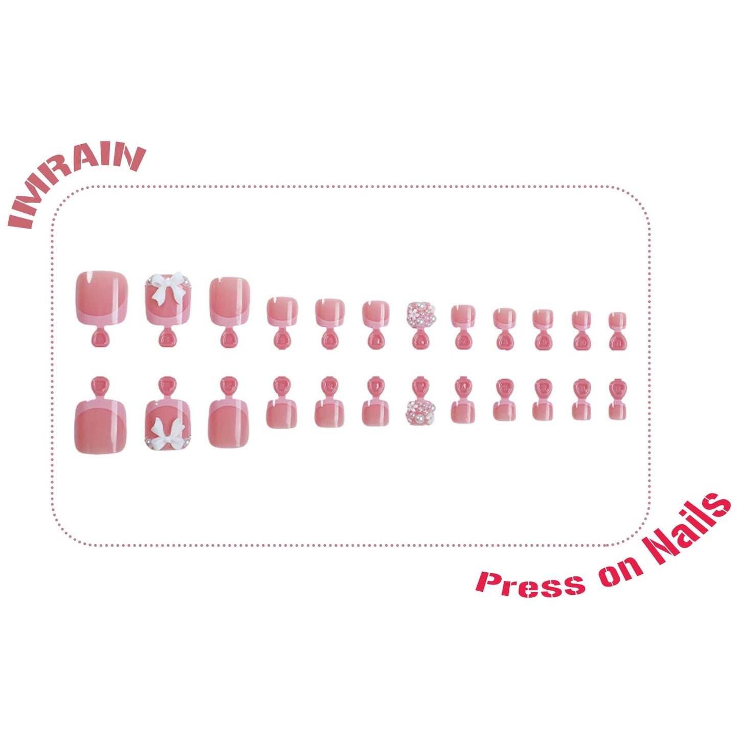 IMRAIN Pink Press on Toe Nails Square French Tips Fake Toenails Short Glossy Acrylic False Toenails with Bow & Pearl Designs Full Cover Glue on Nails for Women 24Pcs