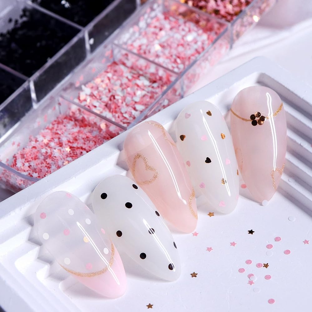 1 Box 4 Color Holographic Hearts Nail Glitter Round Star Nail Sequins 3D Pink Gold Nail Flakes Sparkly Glitter Flakes Shiny Nail Glitter Valentine's Day Nail Sequins Glitter for Nails Art 12 Grids