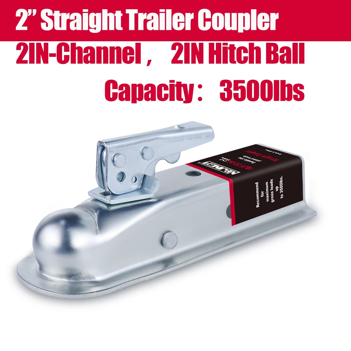 NBJINGYI Straight Trailer Coupler for 2" Ball and 2" Channel Tongue, 3500 lbs Gross Weight Capacity, Zinc Plated Steel for Boat, Utility and Equipment Trailers