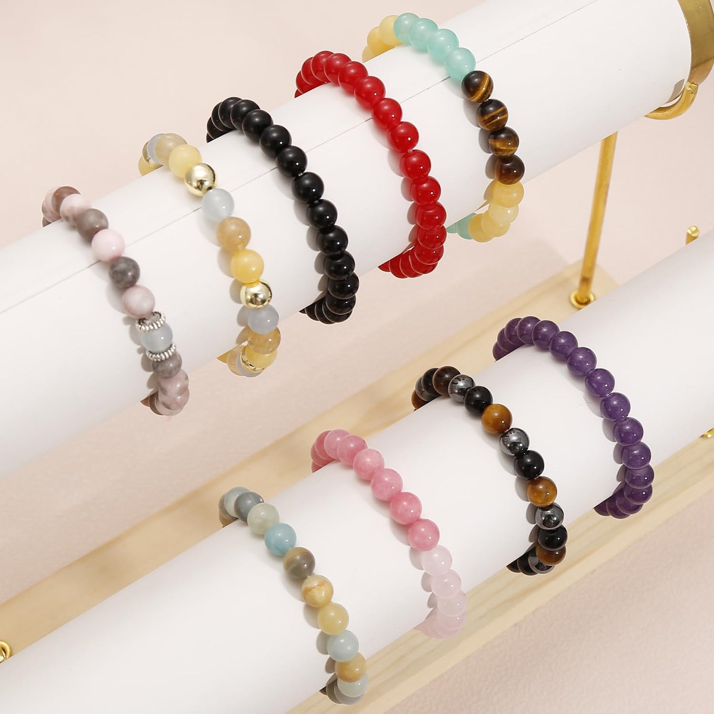BOMAIL 9 PCS Healing Crystal Bracelets for Women 8 MM Natural Stone Beaded Bracelet Protection Anxiety Spiritual Stretch Bracelet for Women Men