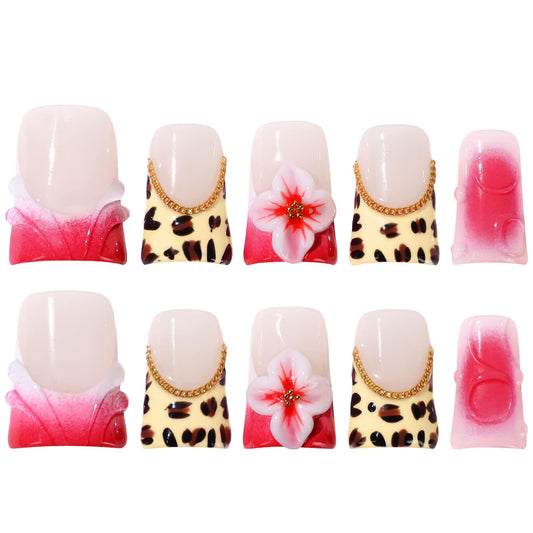 Buleens Handmade Press on Nails Acrylic Duck Nails-10pcs Short Luxury Y2K Pink Leopard 3D Fake Nails Kits with Glue