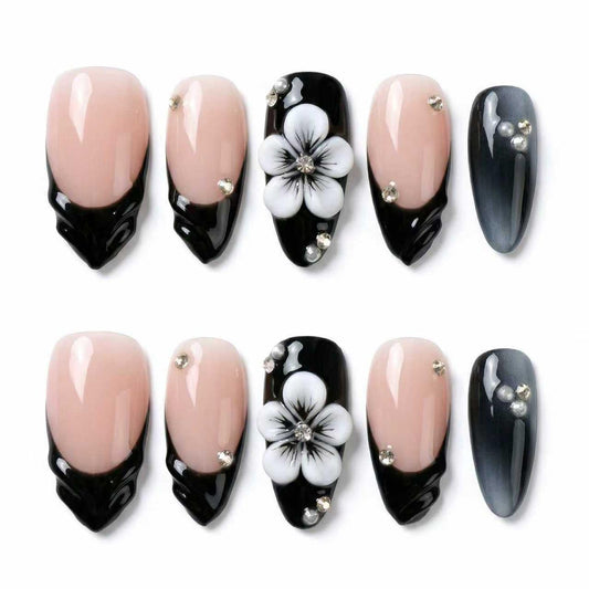 MikaJayboo Almond Press on Nails Medium Handmade Nude Base with Black French Tip Fake Nails with 3D White Flower & Rhinestone for Women Glue on Nails for Daily Party10Pcs(Size M)